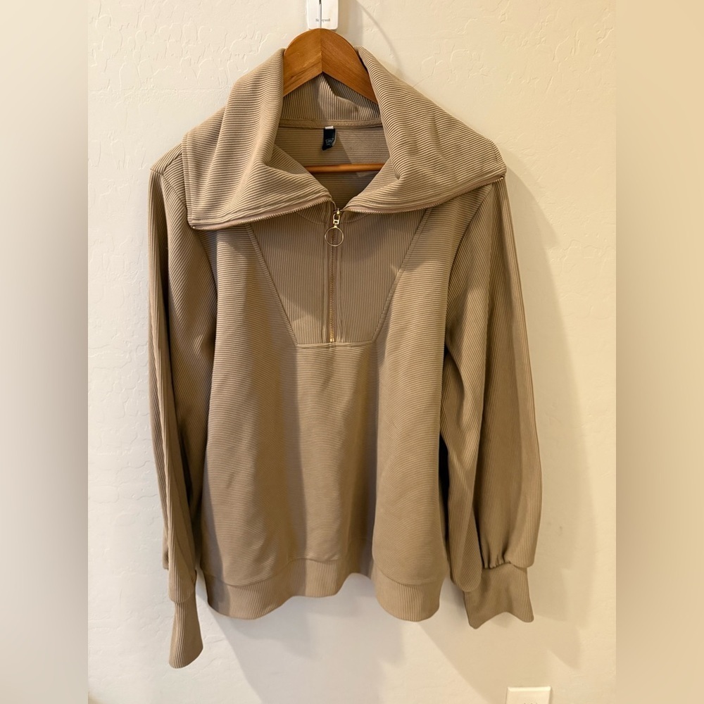 EFAN Women’s XL Oversized Half Zip Sweatshirt Tan Pullover Relaxed Casual Top